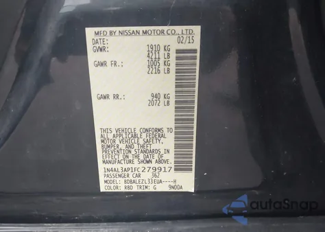 2015 Nissan Altima 2.5 S из США, поврежденный, VIN 1N4AL3AP1FC279917